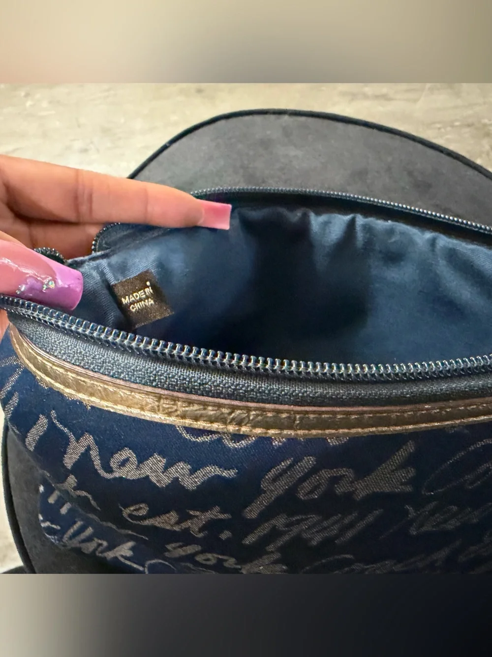 Coach Poppy Blue Script Heart Zip Pouch with Gold Trim